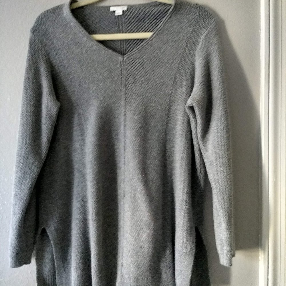 J Jill Gray Pullover Tunic Textured Sweater V Neck Size M